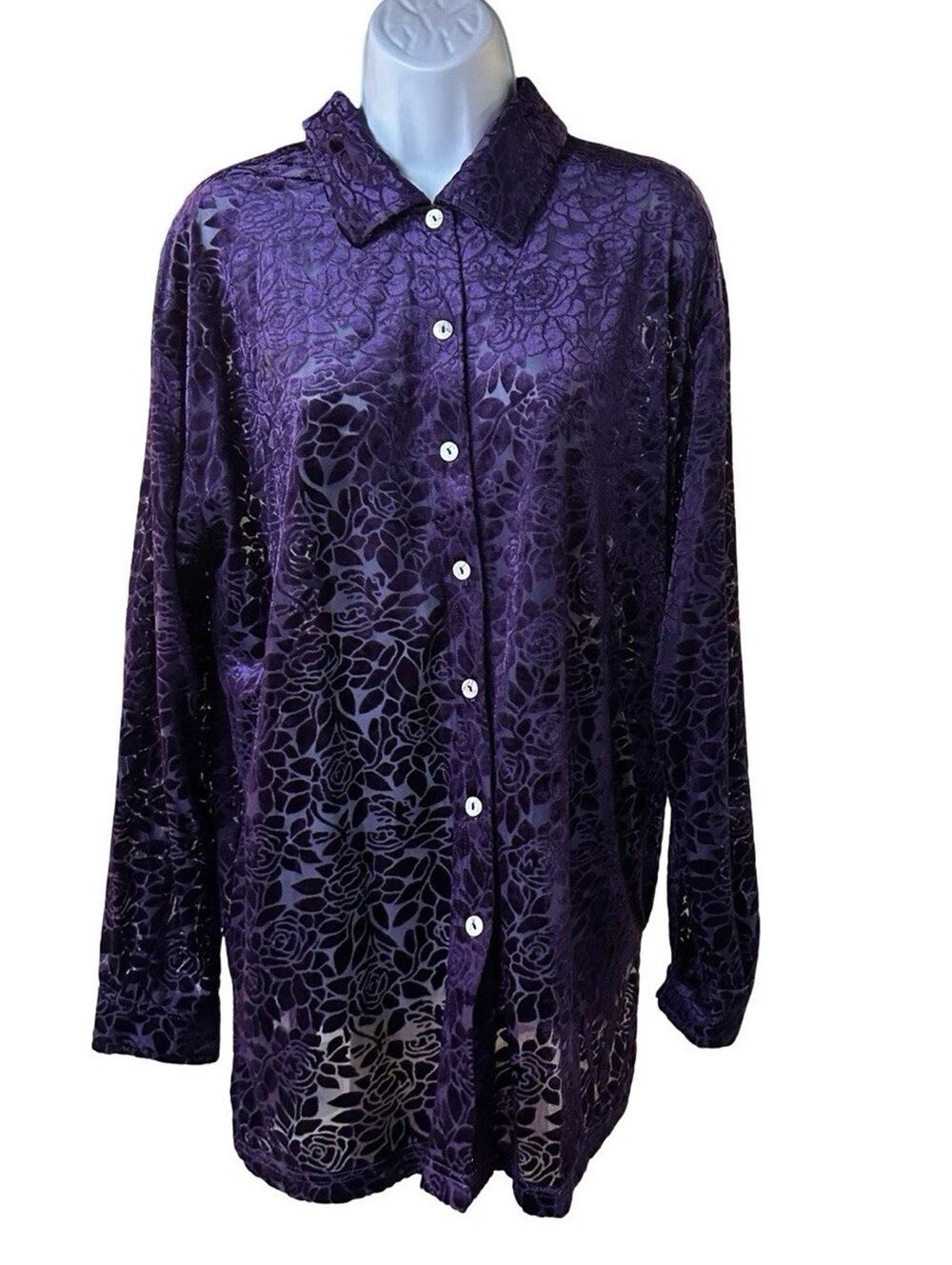 Moda Int’l Purple Velvet Burnout Blouse Sheer Floral Button Front Y2K Top L